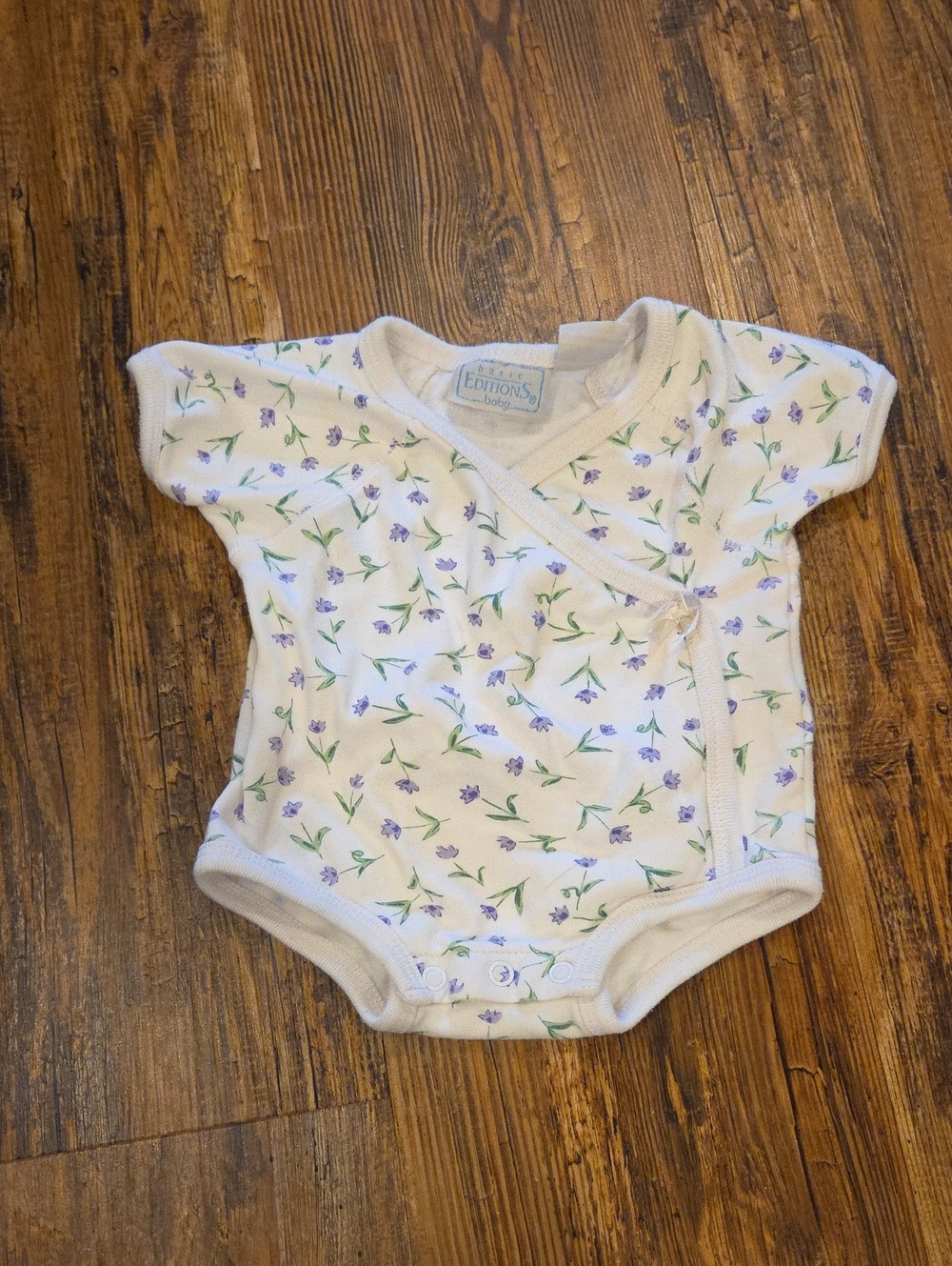 Basic Editions Cream Floral Wrap Bodysuit with Purple Flowers